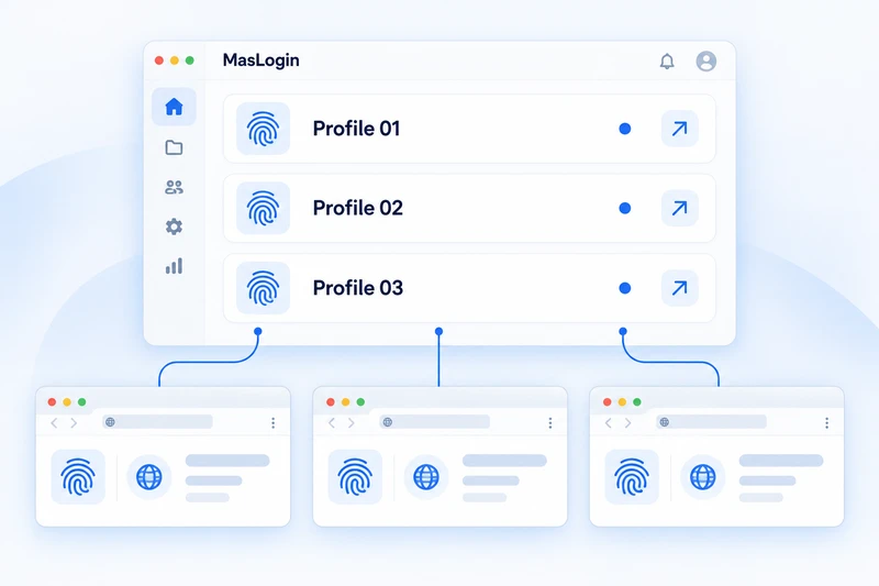 Illustration of MasLogin connecting one workspace to three independent browser Profiles